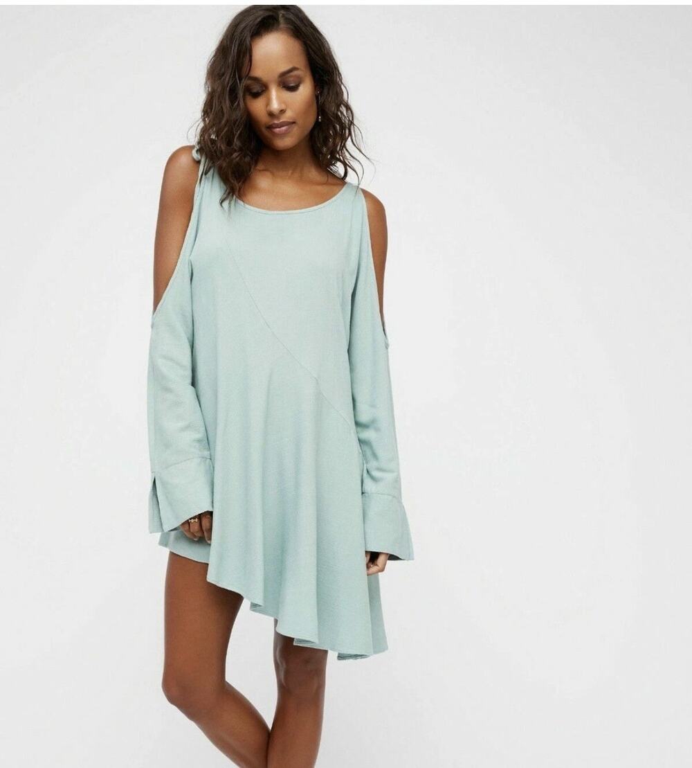 Free People Clear Skies Asymmetric Hem Cold Shoulder Mint Green Tunic Dress Sz L